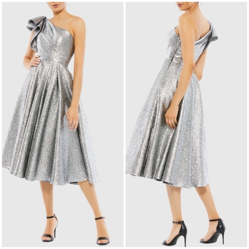 NWT Mac Duggal One Shoulder Bow Ruffle Metallic Silver Jacquard Midi Dress Sz 10